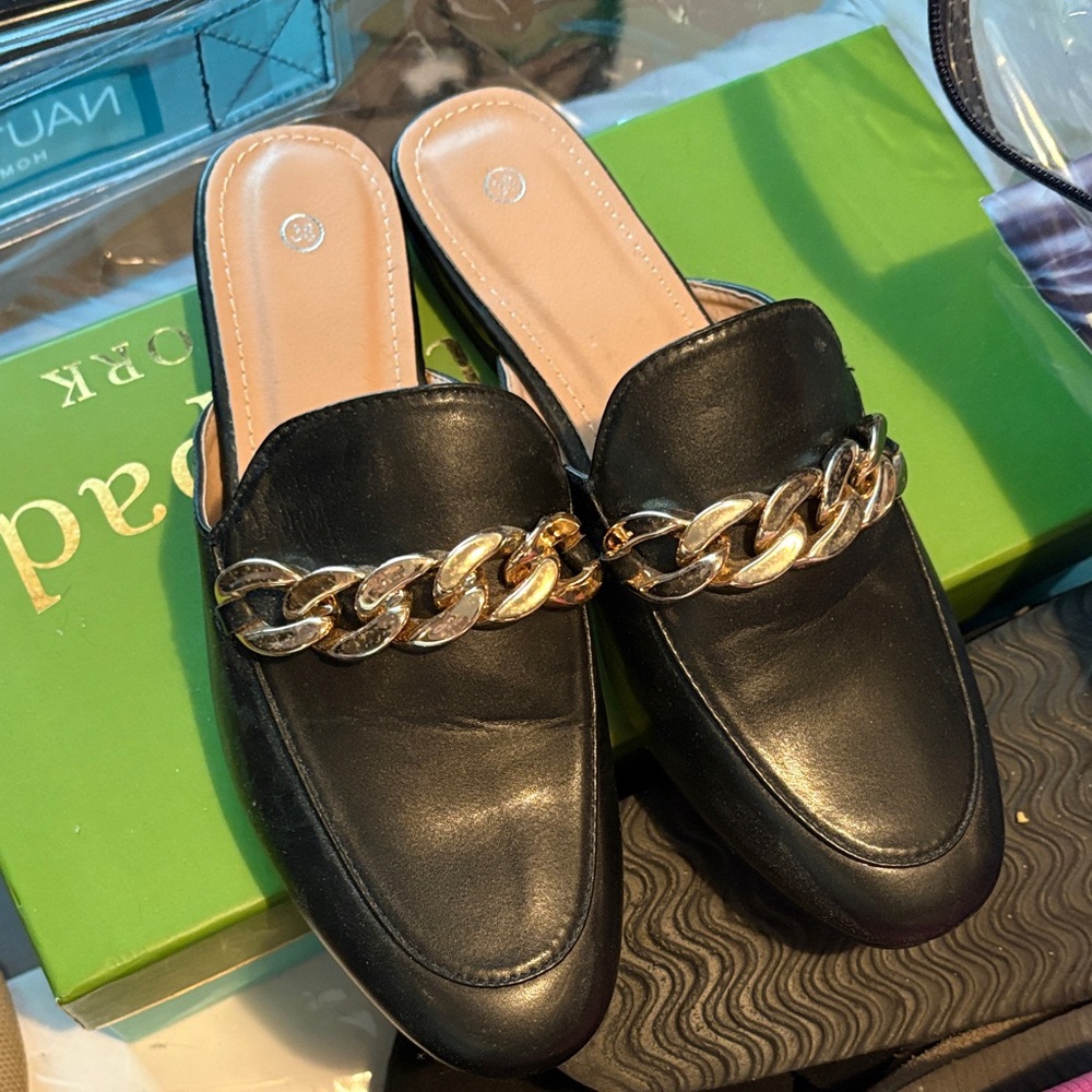 Black Leather Mules with Gold Chain Accent